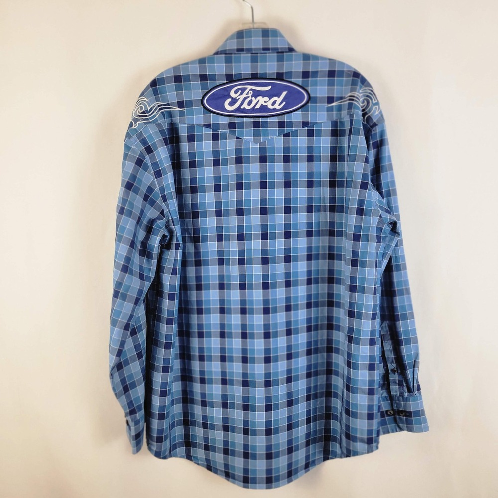 Wrangler x Ford Western Shirt Men Large Blue Plaid Long Sleeve Button Down Logo - Picture 2 of 8
